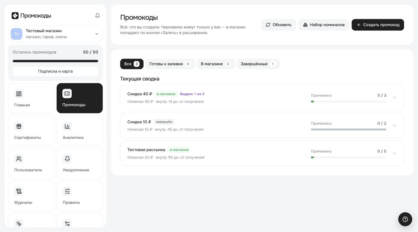 Коды сгруппированы по кампаниям и номиналам